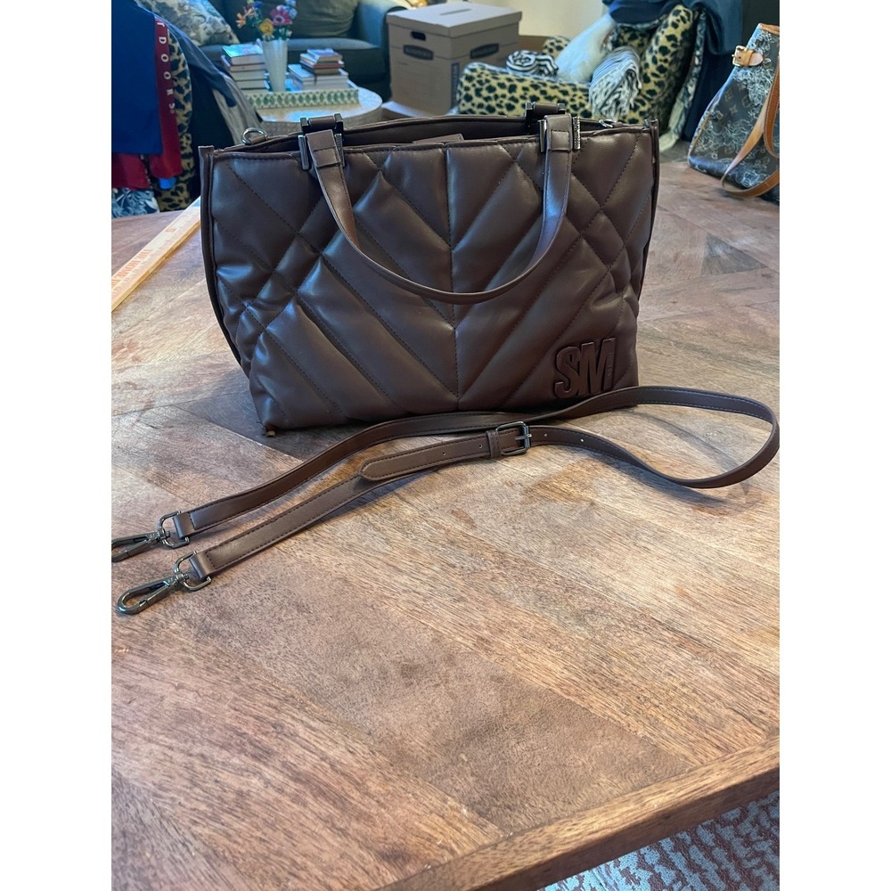 Steve Madden Brown Quilted Satchel Crossbody Bag SM Logo Handbag Minimalist Luxe - Picture 7 of 15